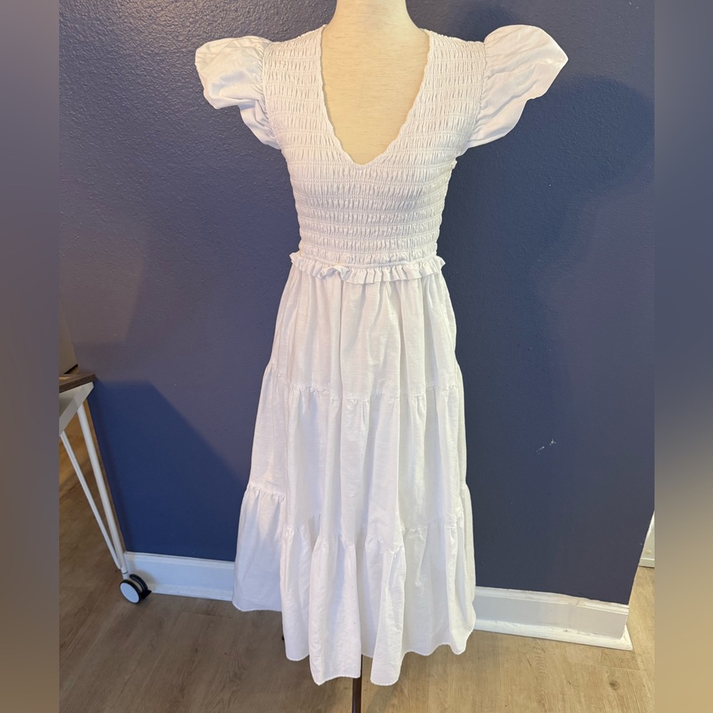 Opt Elegant White linen Smocked Dress